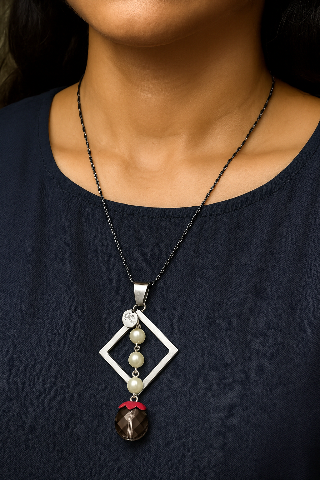 Geometric Drop Pendant Necklace with Maroon Stone Accent