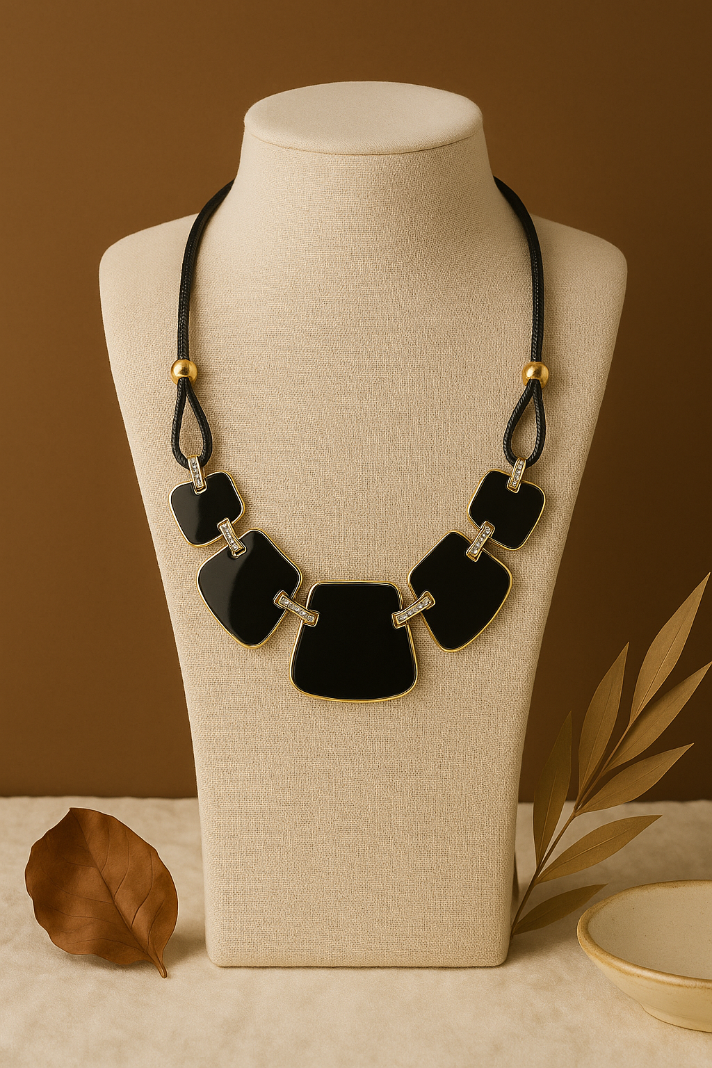 Bold Black Resin Panel Necklace with Gold Accents