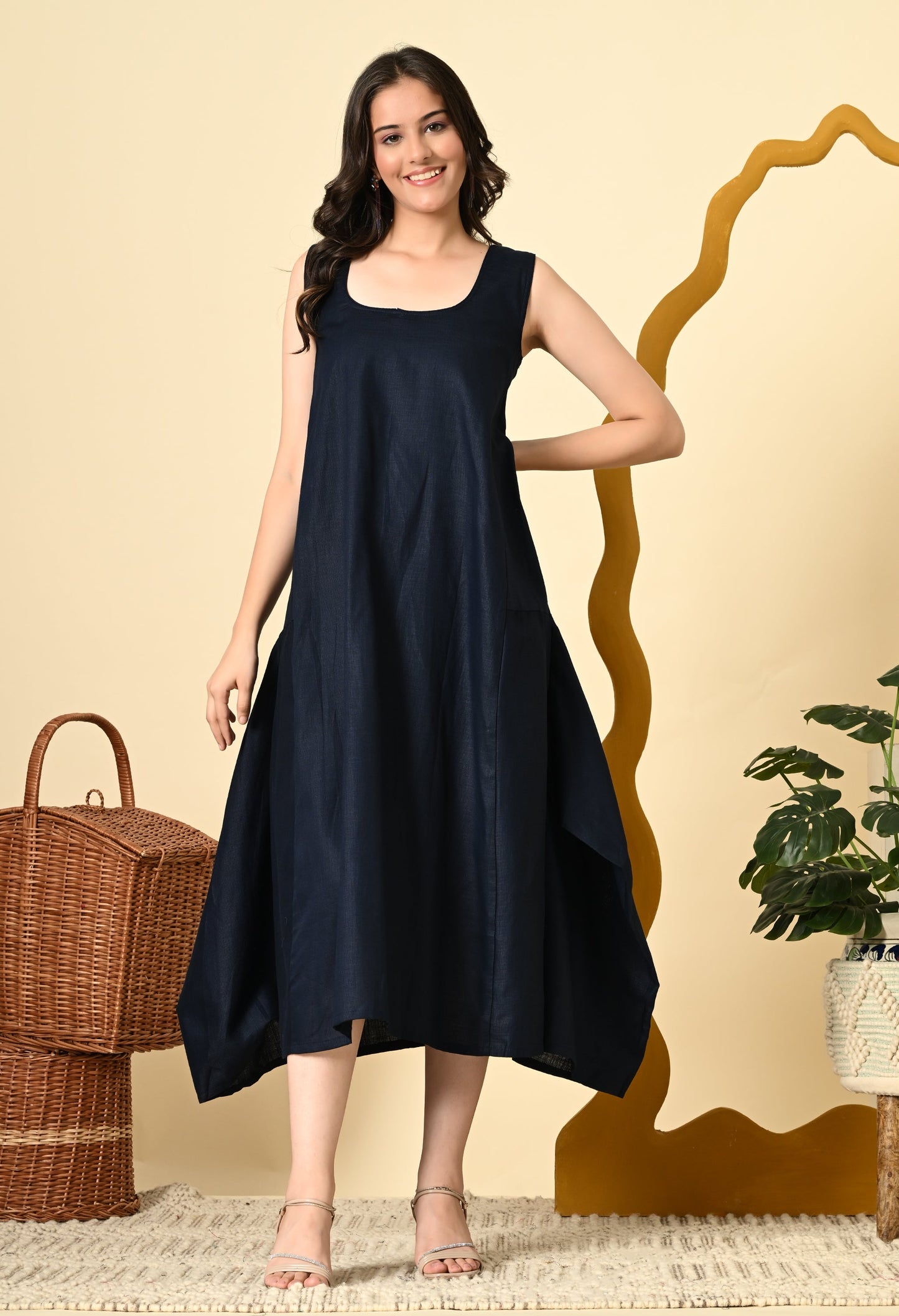 MIDNIGHT LINEN COWL DRESS