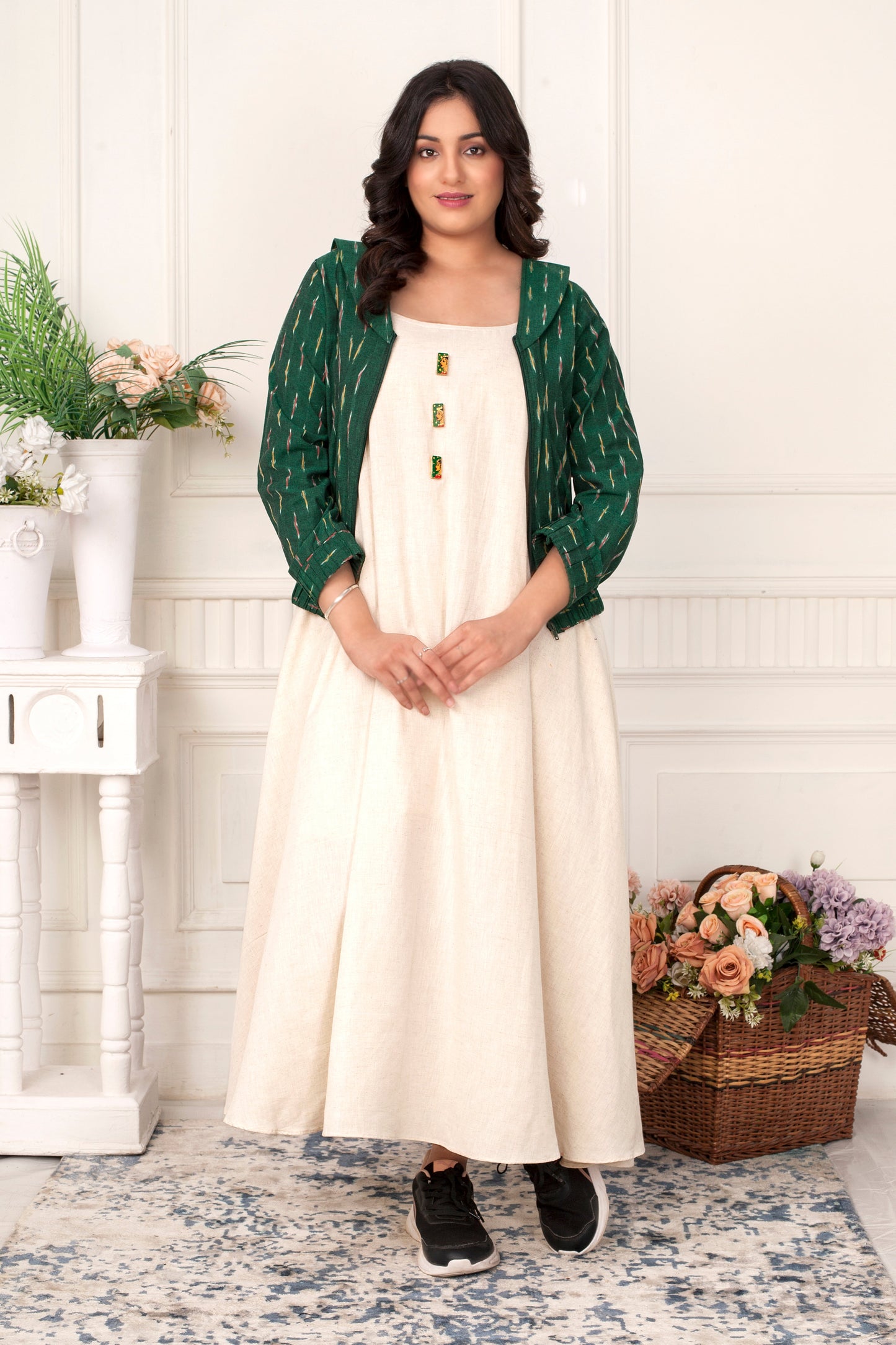 KHADI MAXI DRESS WITH IKAT JACKET AND HANDPAINTED BUTTONS