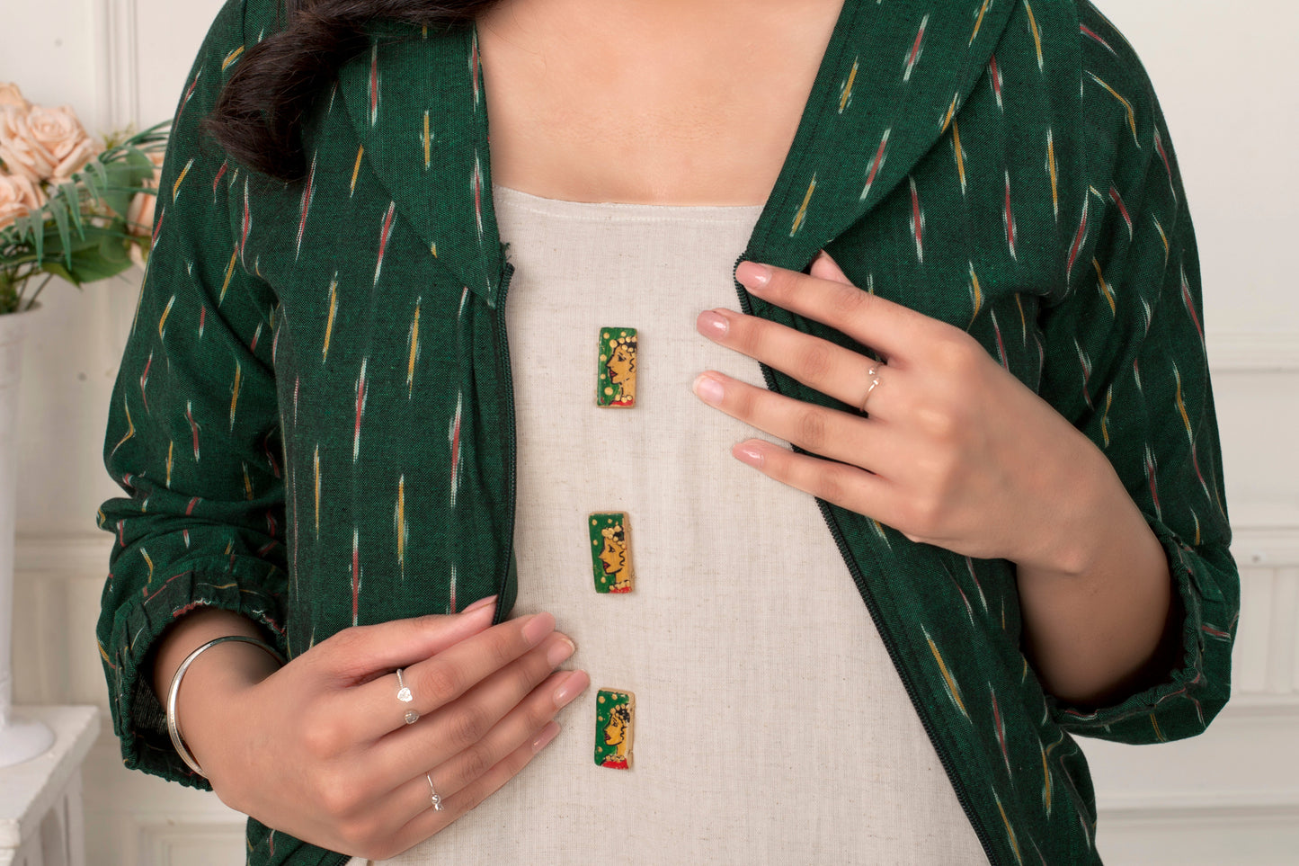 KHADI MAXI DRESS WITH IKAT JACKET AND HANDPAINTED BUTTONS