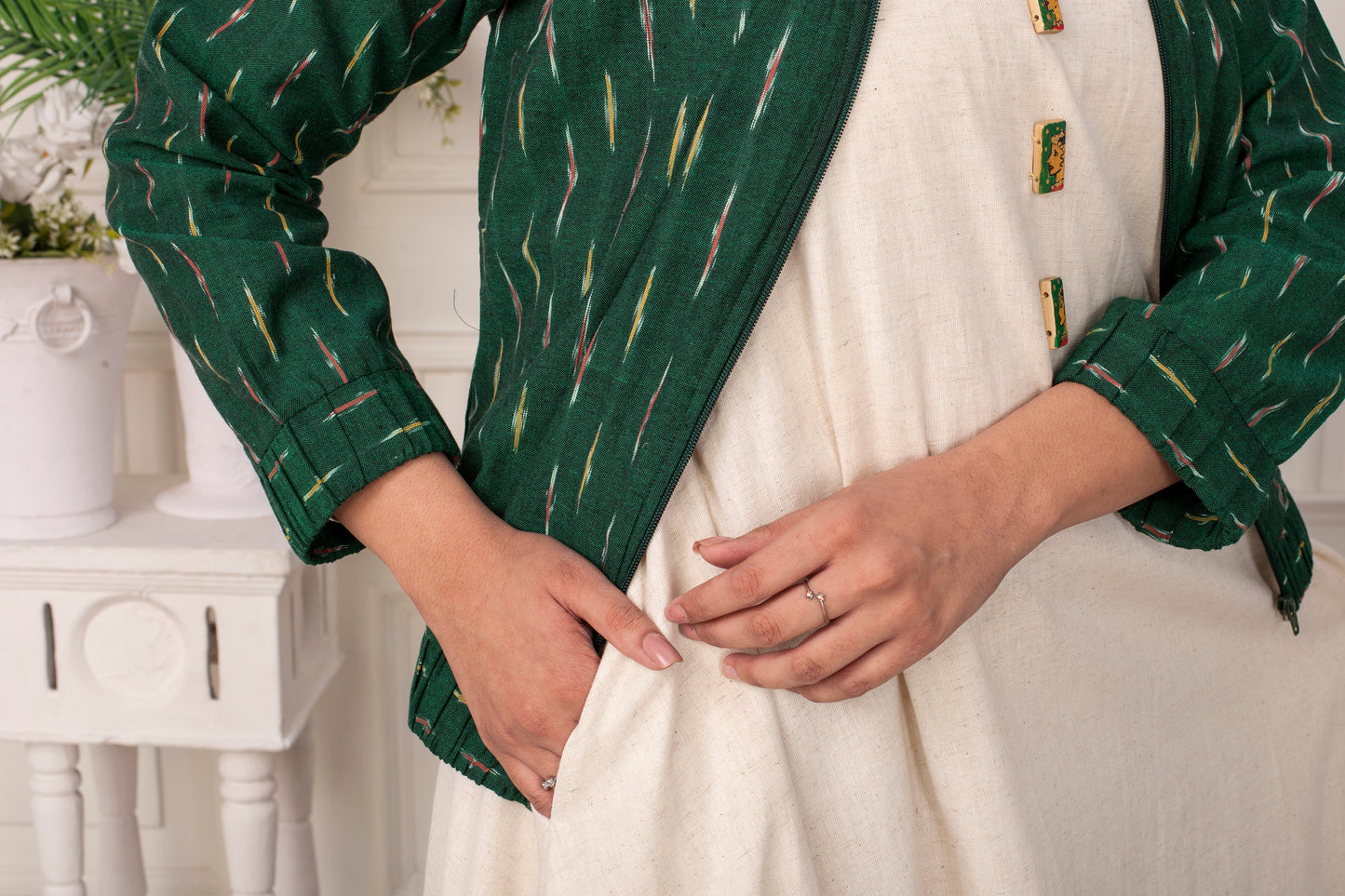 KHADI MAXI DRESS WITH IKAT JACKET AND HANDPAINTED BUTTONS