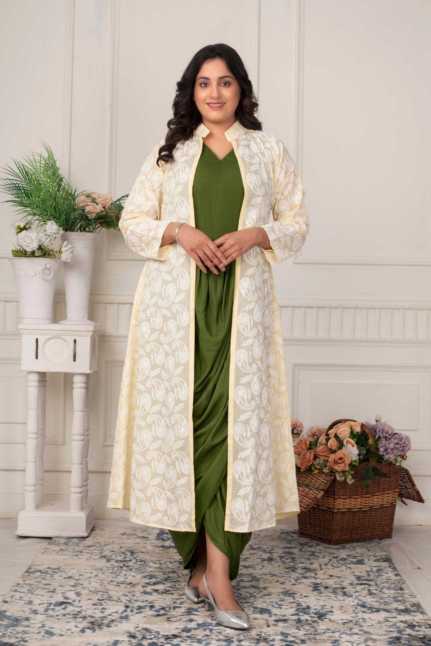 OLIVE GRACE DREAPED DRESS WITH CHICKENKARI JACKET