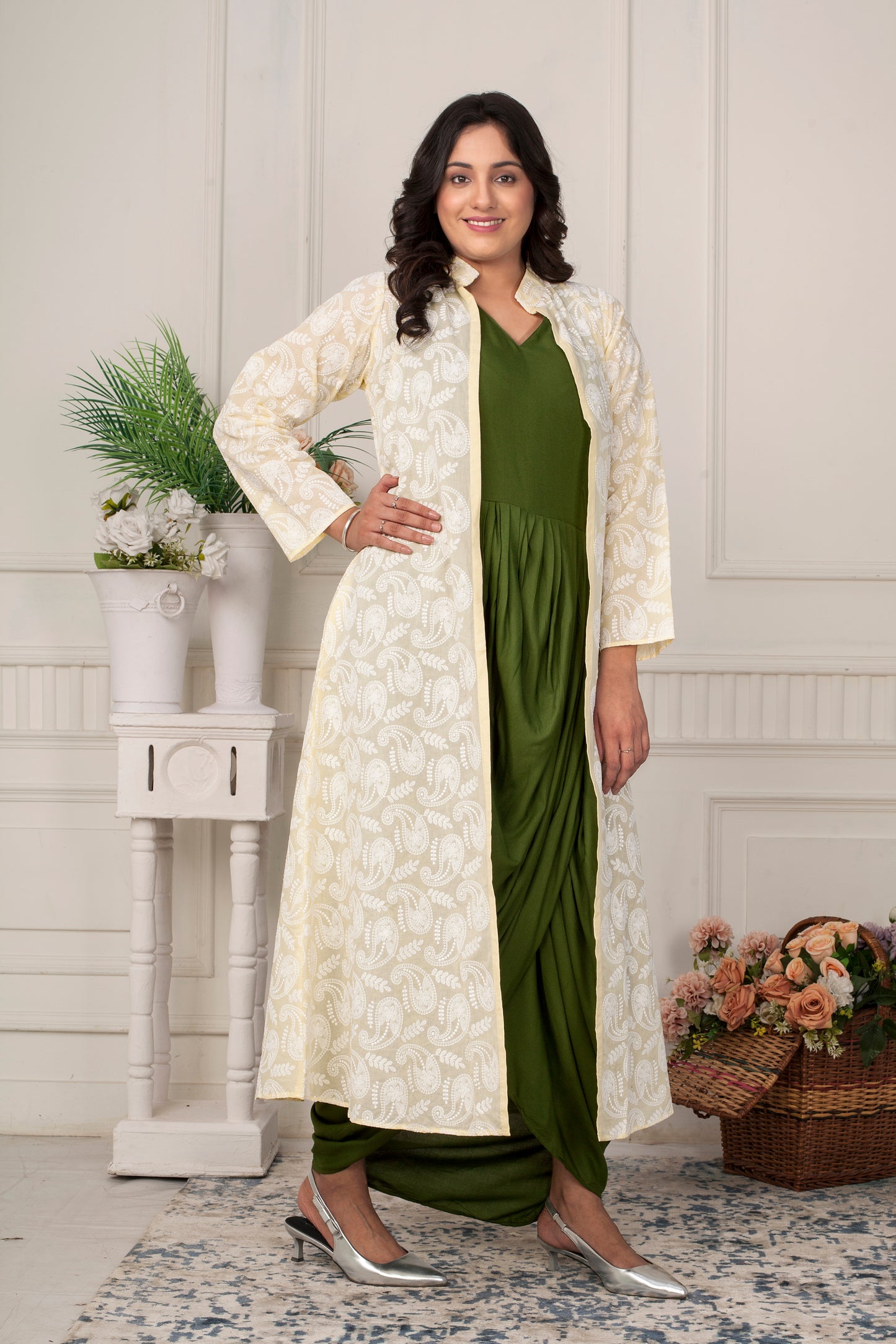 OLIVE GRACE DREAPED DRESS WITH CHICKENKARI JACKET