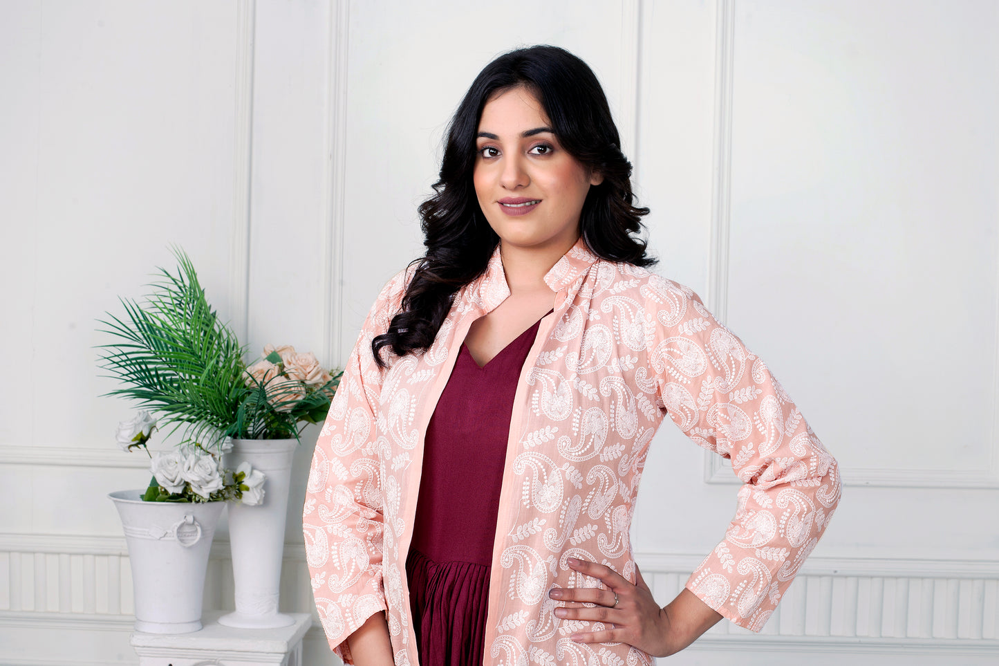 WINE ELEGANCE COWL DRESS WITH BLUSH CHIKANKARI JACKET