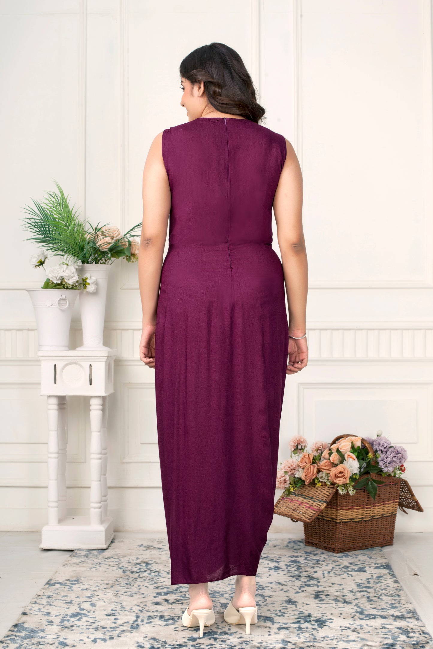 WINE ELEGANCE COWL DRESS WITH BLUSH CHIKANKARI JACKET