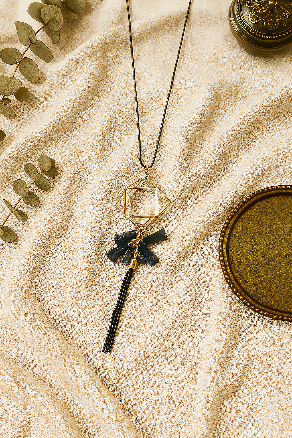 Geometric Crystal Pendant Necklace with Black Tassels