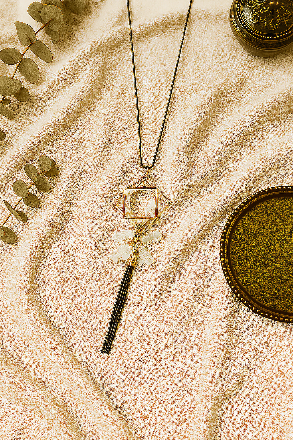 Geometric Crystal Pendant Necklace with Crystal Tassels