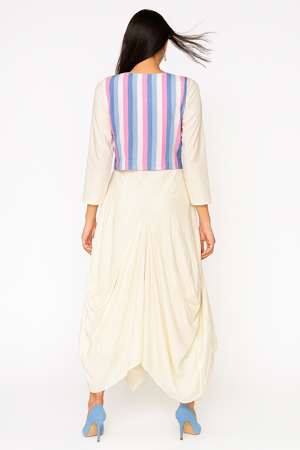 Ivory Cowl Dress with handloom Striped Sleeveless Jacket
