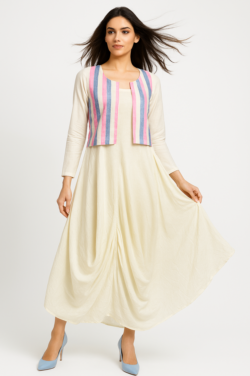 Ivory Cowl Dress with handloom Striped Sleeveless Jacket