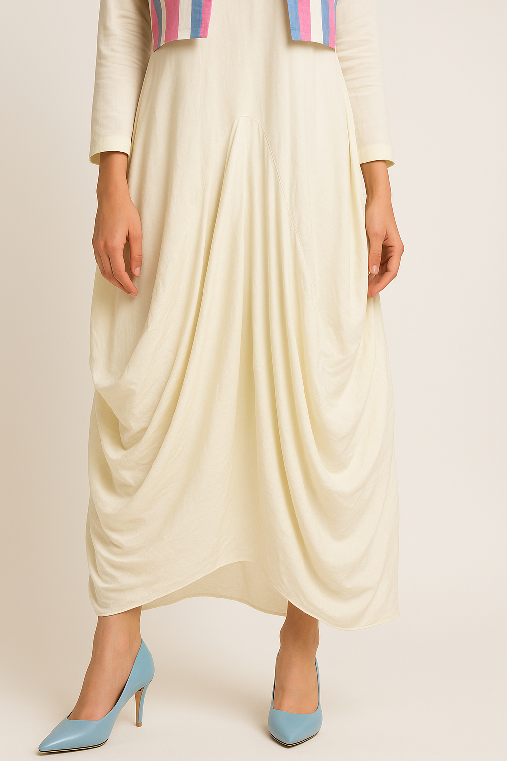 Ivory Cowl Dress with handloom Striped Sleeveless Jacket
