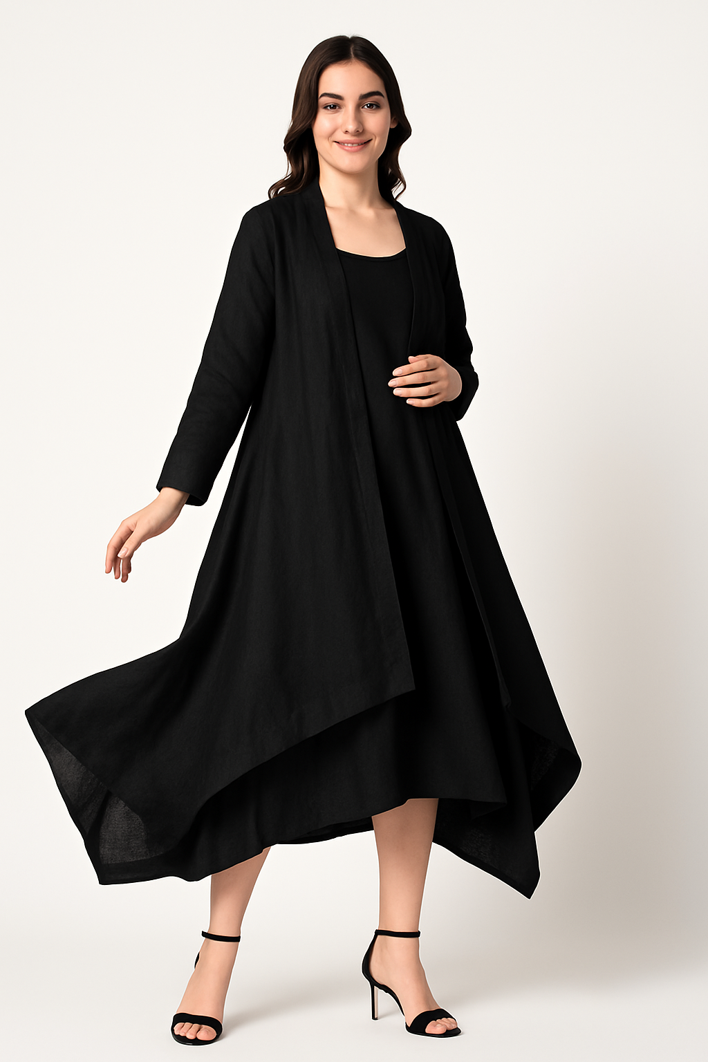 ELEGANT BLACK ASYMMETRIC LINEN DRESS WITH LONG OVERLAY