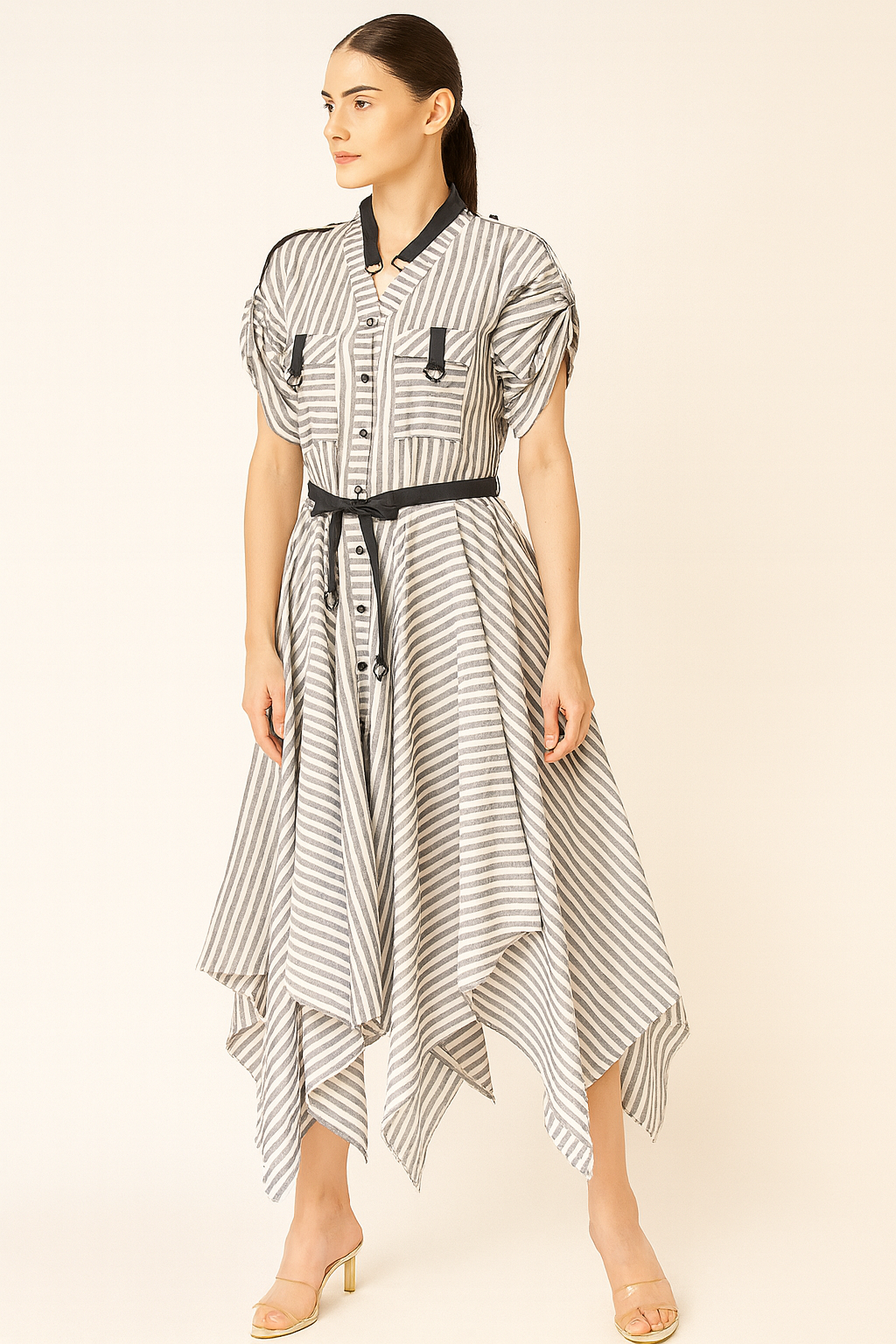 GREY AND WHITE STRIPE LINEN HANDKERCHIEF DRESS