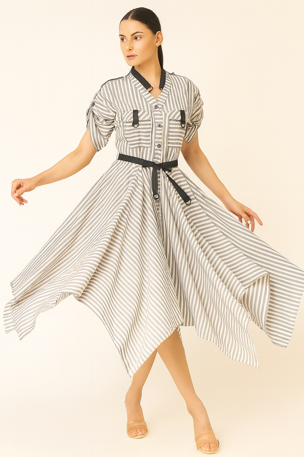 GREY AND WHITE STRIPE LINEN HANDKERCHIEF DRESS