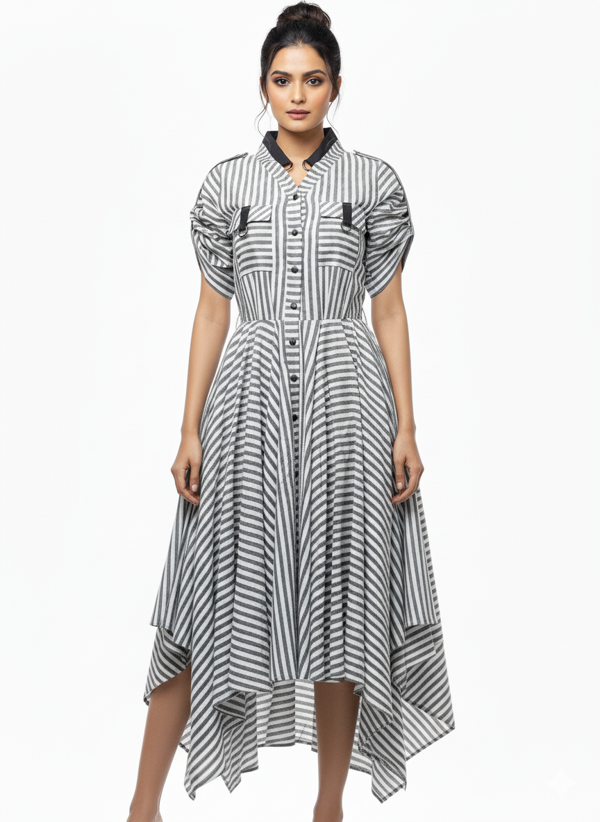 GREY AND WHITE STRIPE LINEN HANDKERCHIEF DRESS