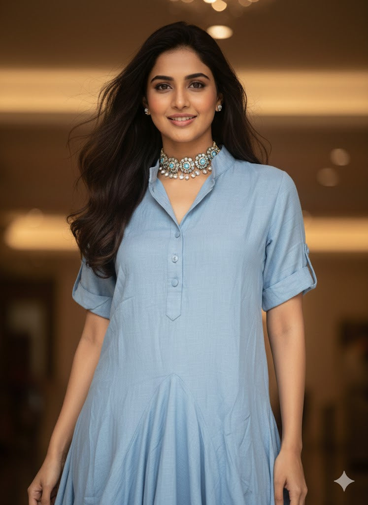 BLUE COWL FLOW MIDI DRESS