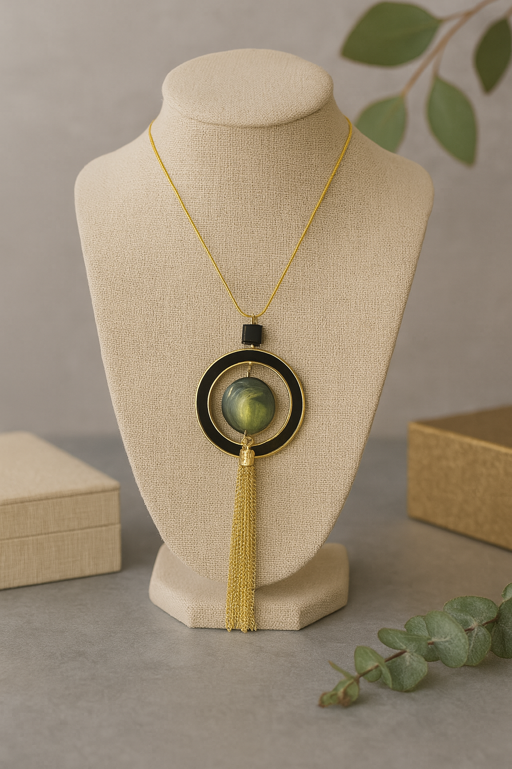 Antique Gold Tassel Pendant Necklace with Green Accent