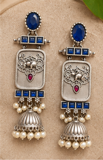 Royal Blue Stone Oxidised Silver Jhumka Earrings with Pearl Drops