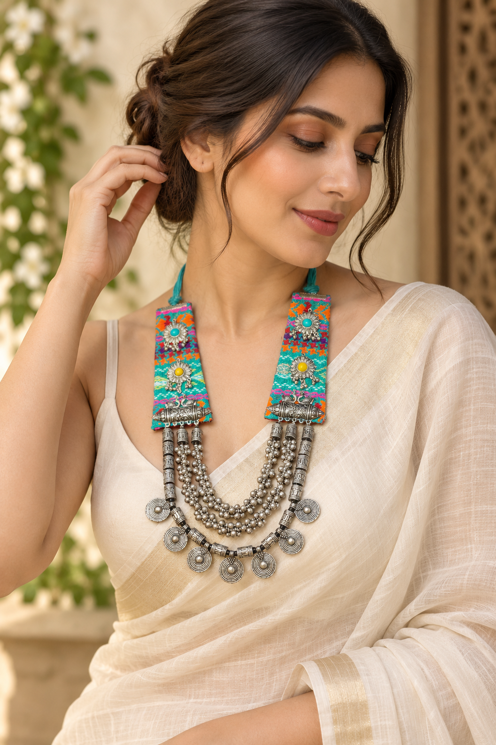 Handcrafted Multicolor Textile & Oxidised Statement Necklace