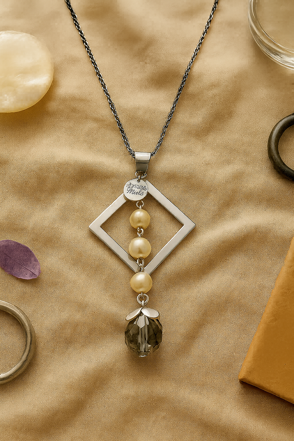 Geometric Drop Pendant Necklace with lilac Stone Accent