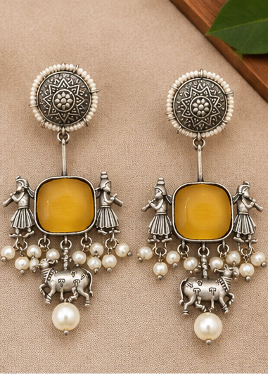 Mustard Stone Oxidised Silver Tribal Earrings with Pearl Drops