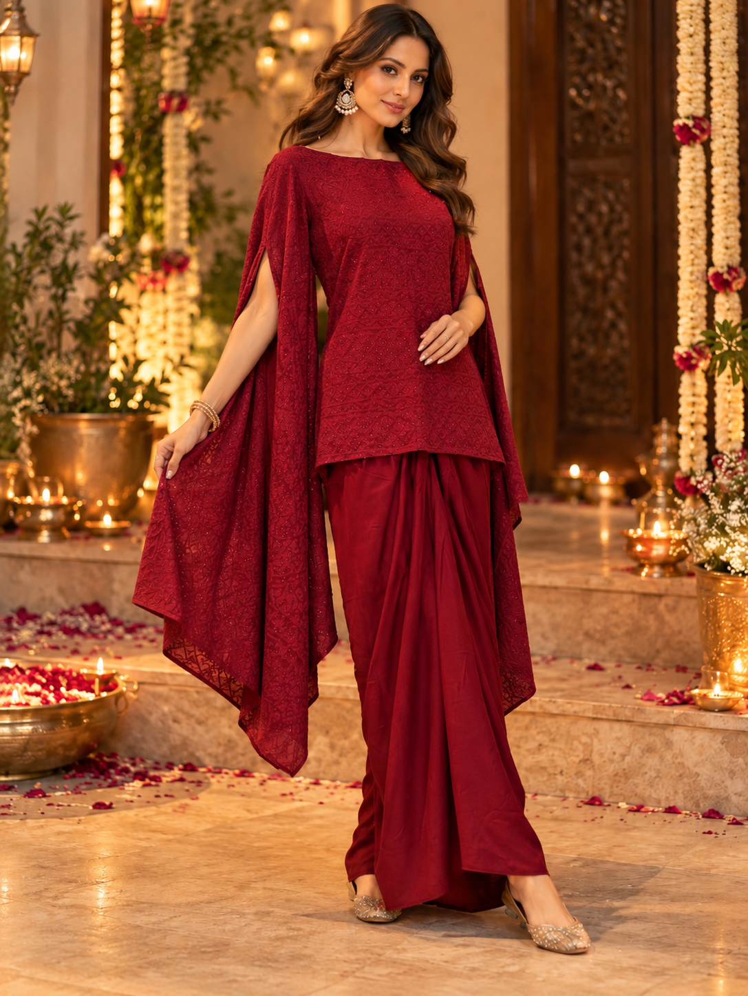 AADYA MAROON EMBROIDERED KAFTAN WITH COWL SKIRT