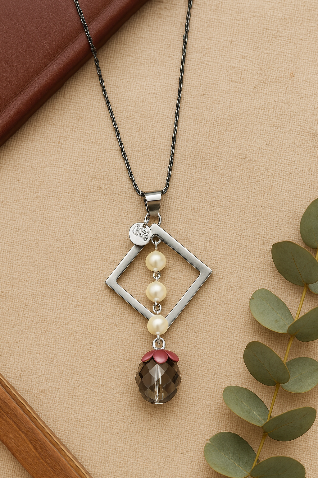 Geometric Drop Pendant Necklace with Maroon Stone Accent