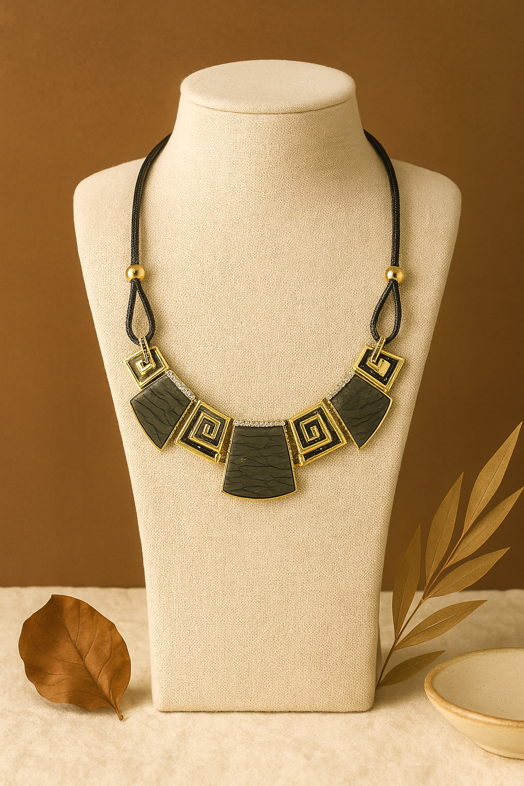 Black Terracotta Square Motif Necklace