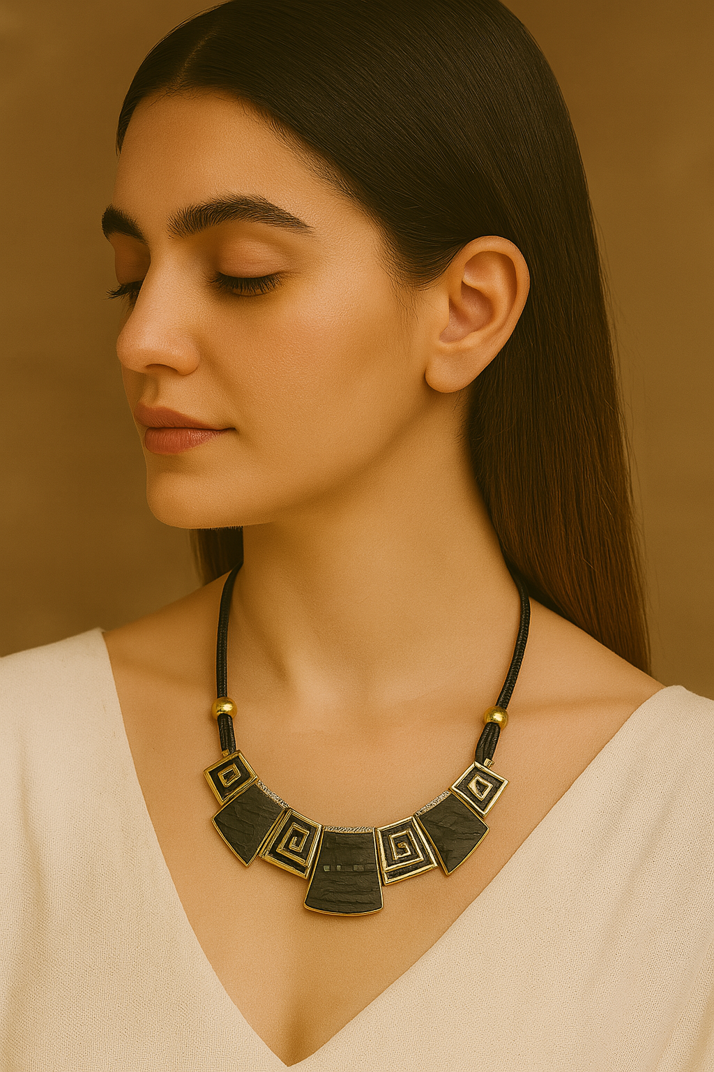 Black Terracotta Square Motif Necklace