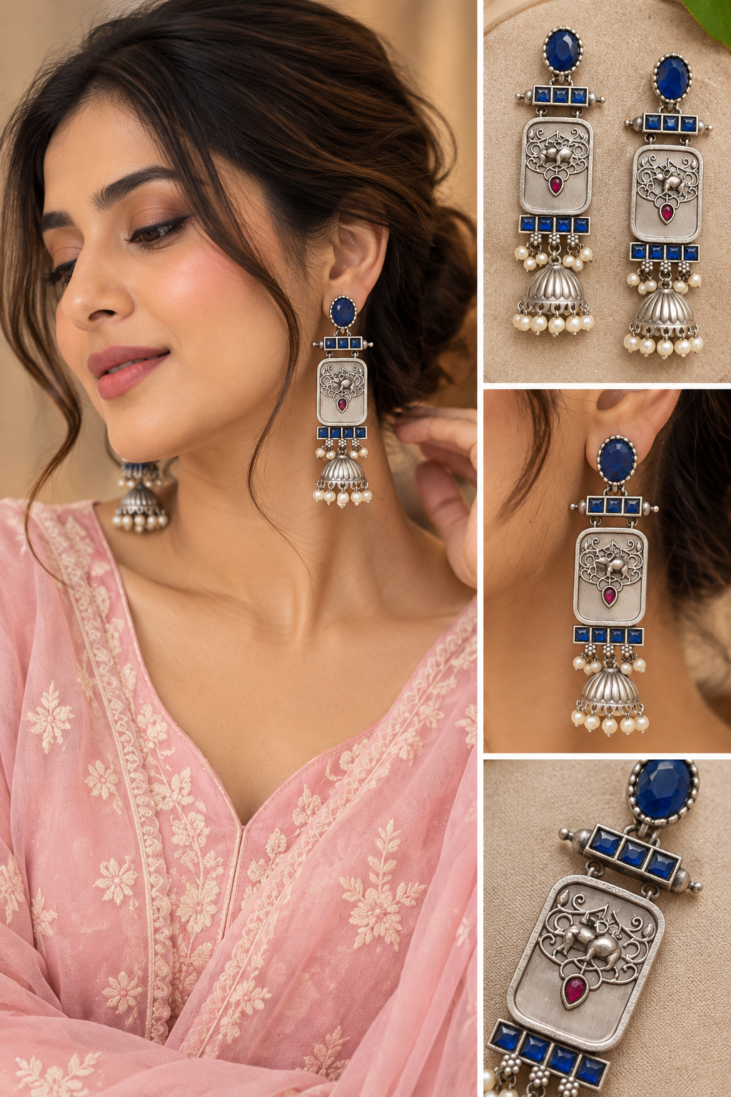 Royal Blue Stone Oxidised Silver Jhumka Earrings with Pearl Drops
