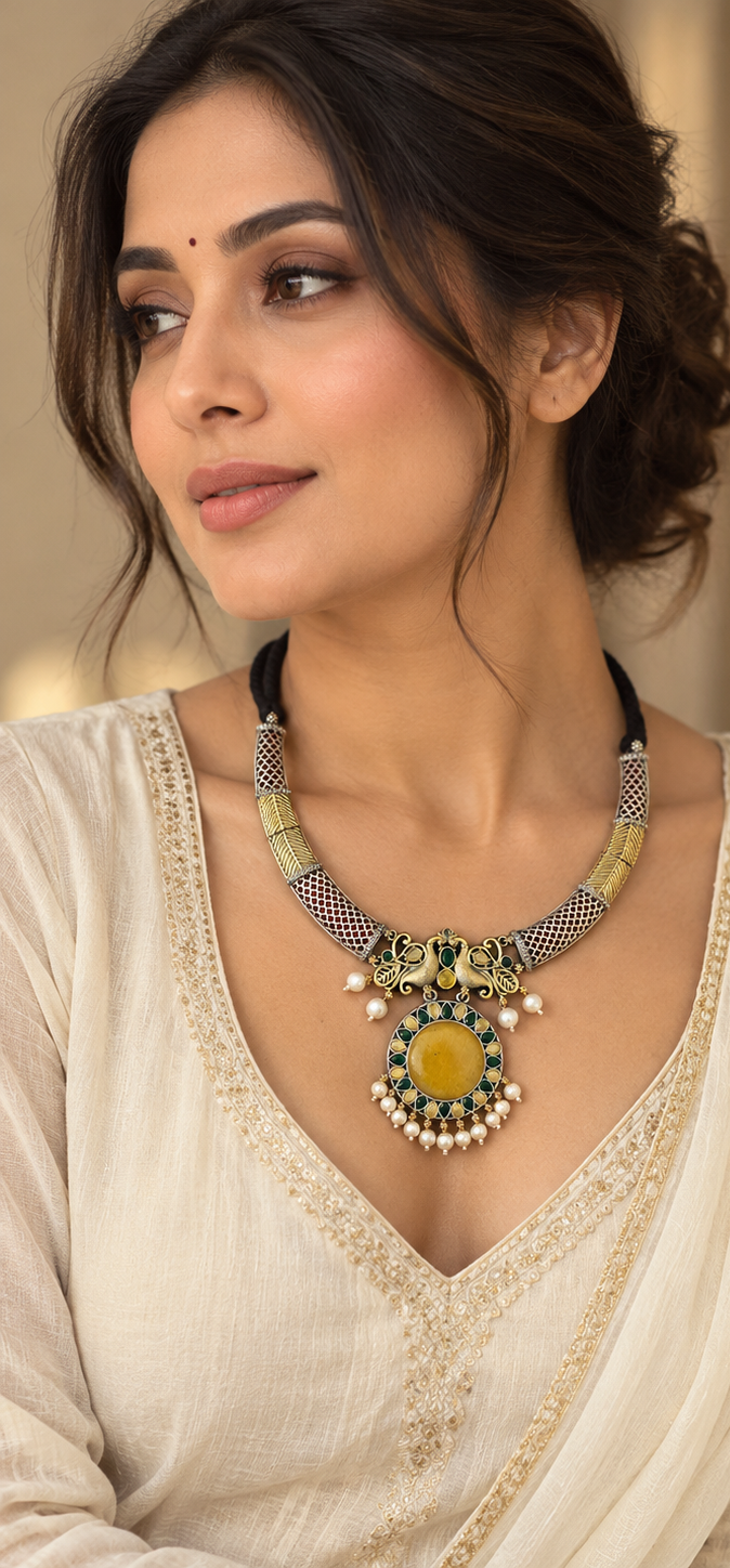 ANTIQUE GOLD & SILVER PEACOCK STATEMENT NECKLACE WITH PEARL DROPS