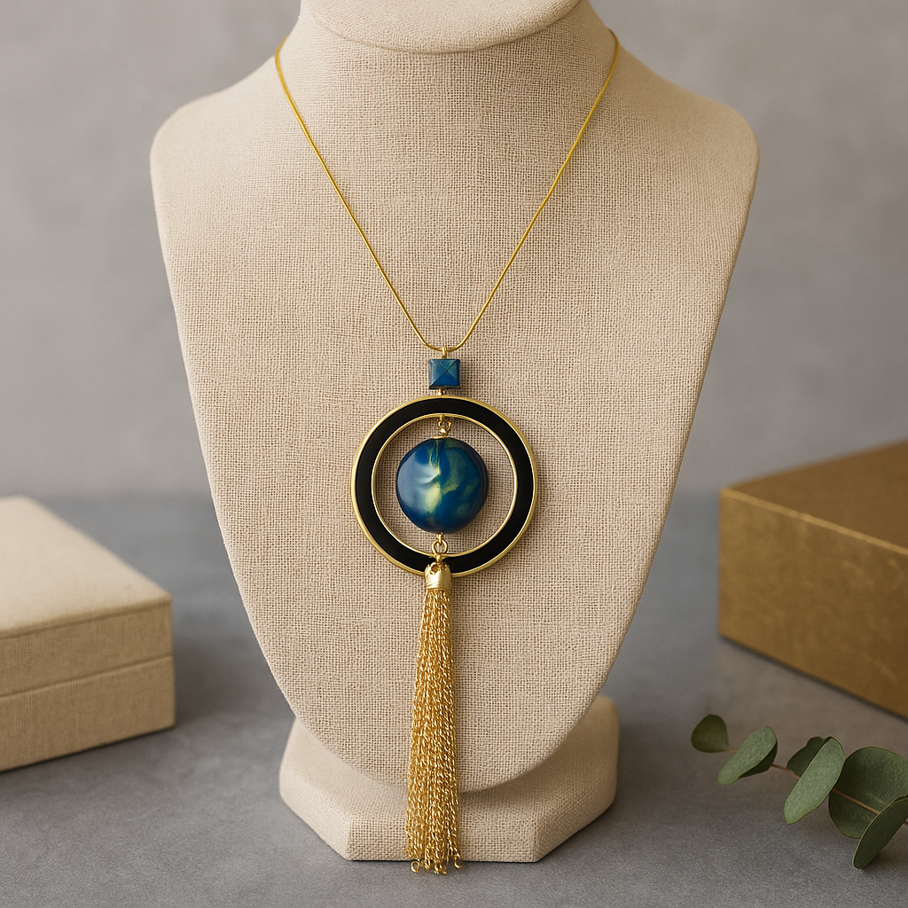 Antique Gold Tassel Pendant Necklace with Blue Accent