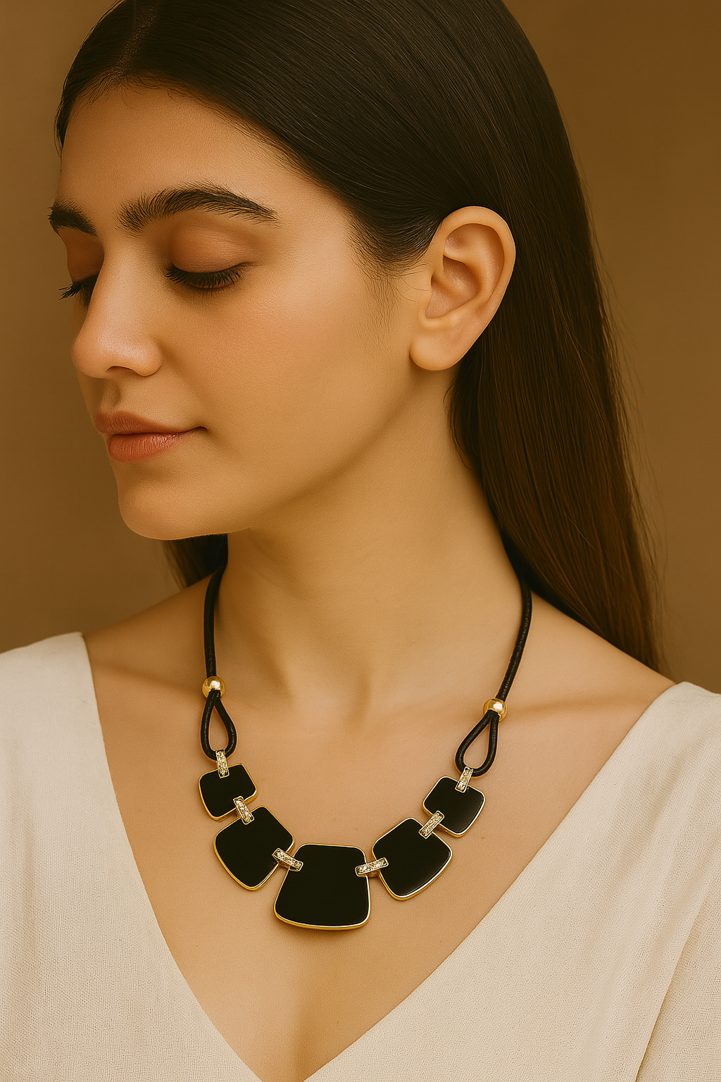 Bold Black Resin Panel Necklace with Gold Accents
