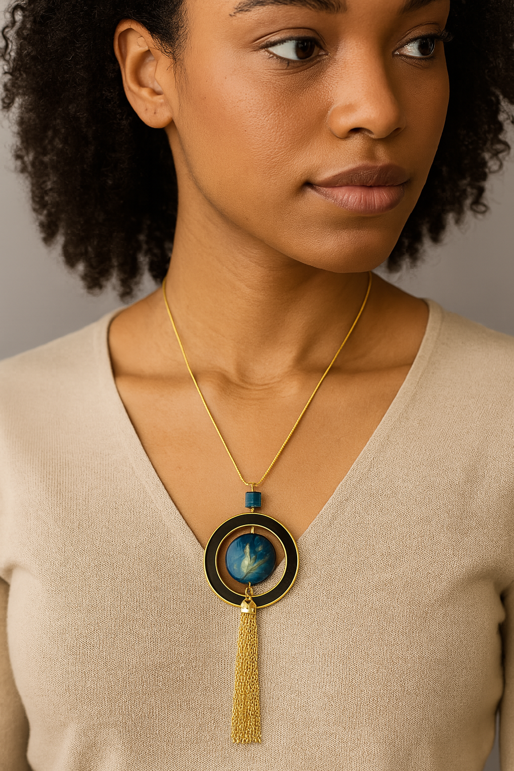 Antique Gold Tassel Pendant Necklace with Blue Accent