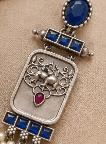 Royal Blue Stone Oxidised Silver Jhumka Earrings with Pearl Drops