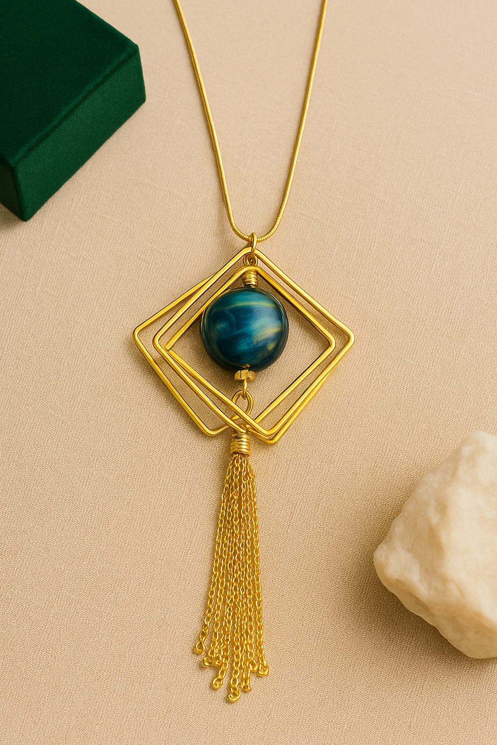 Golden Geometric Tassel Blue Pendant Necklace