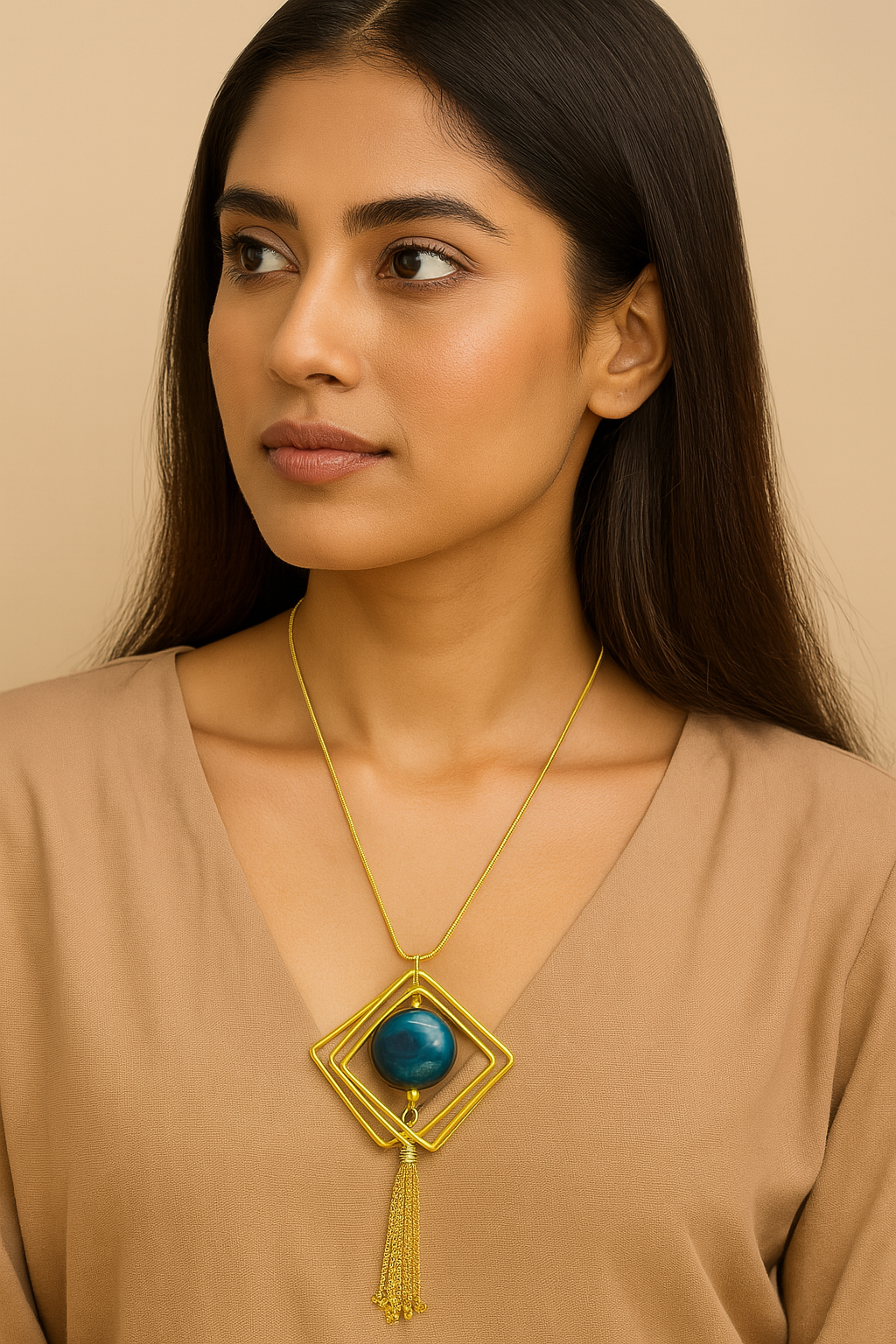 Golden Geometric Tassel Blue Pendant Necklace