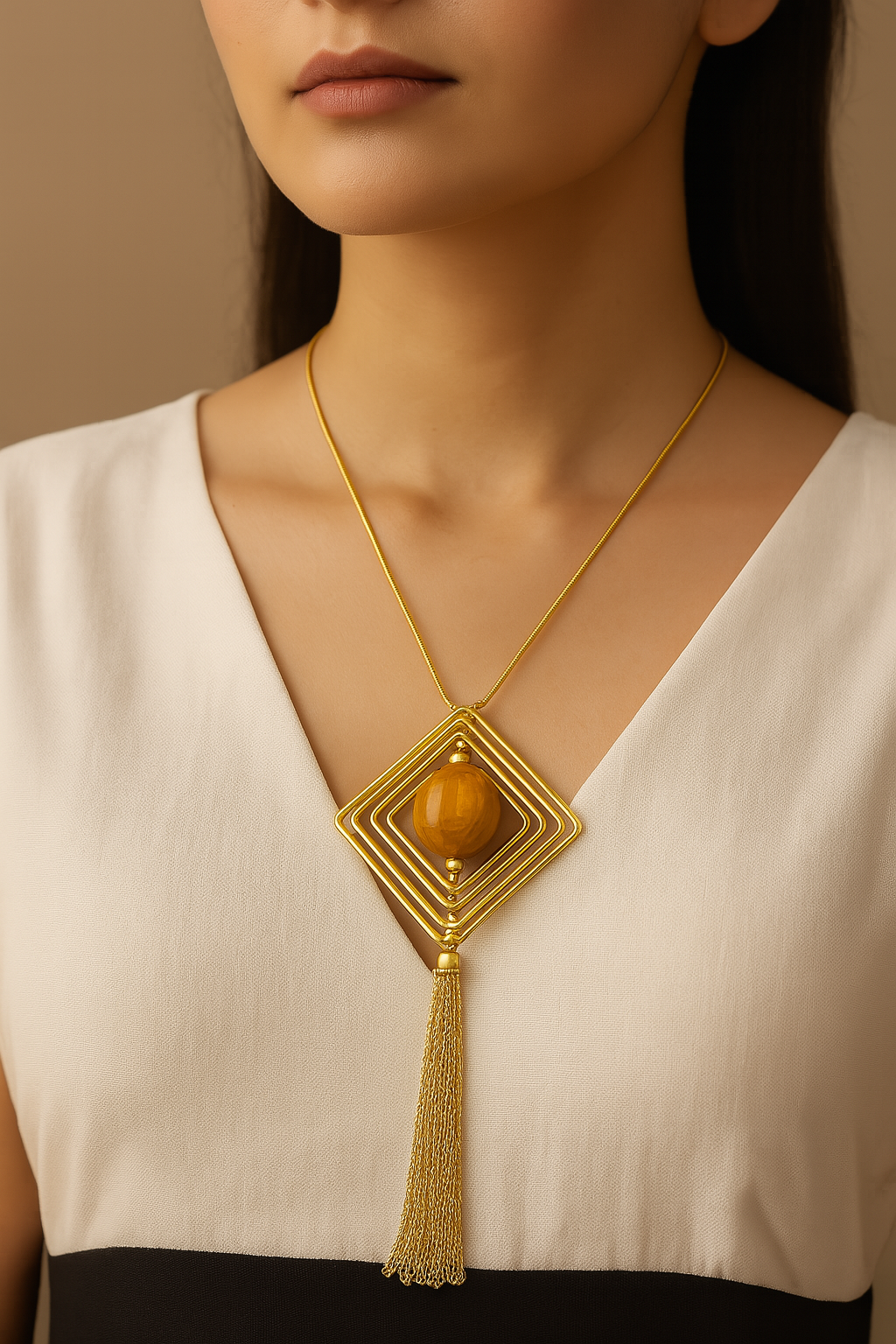 Golden Geometric Tassel Pendant Necklace