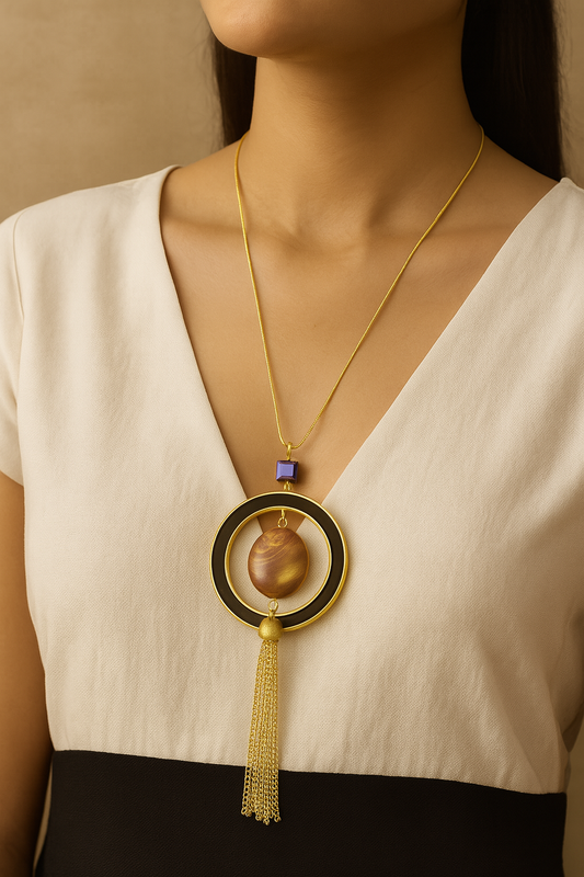 Antique Gold Tassel Pendant Necklace with Rust Accent