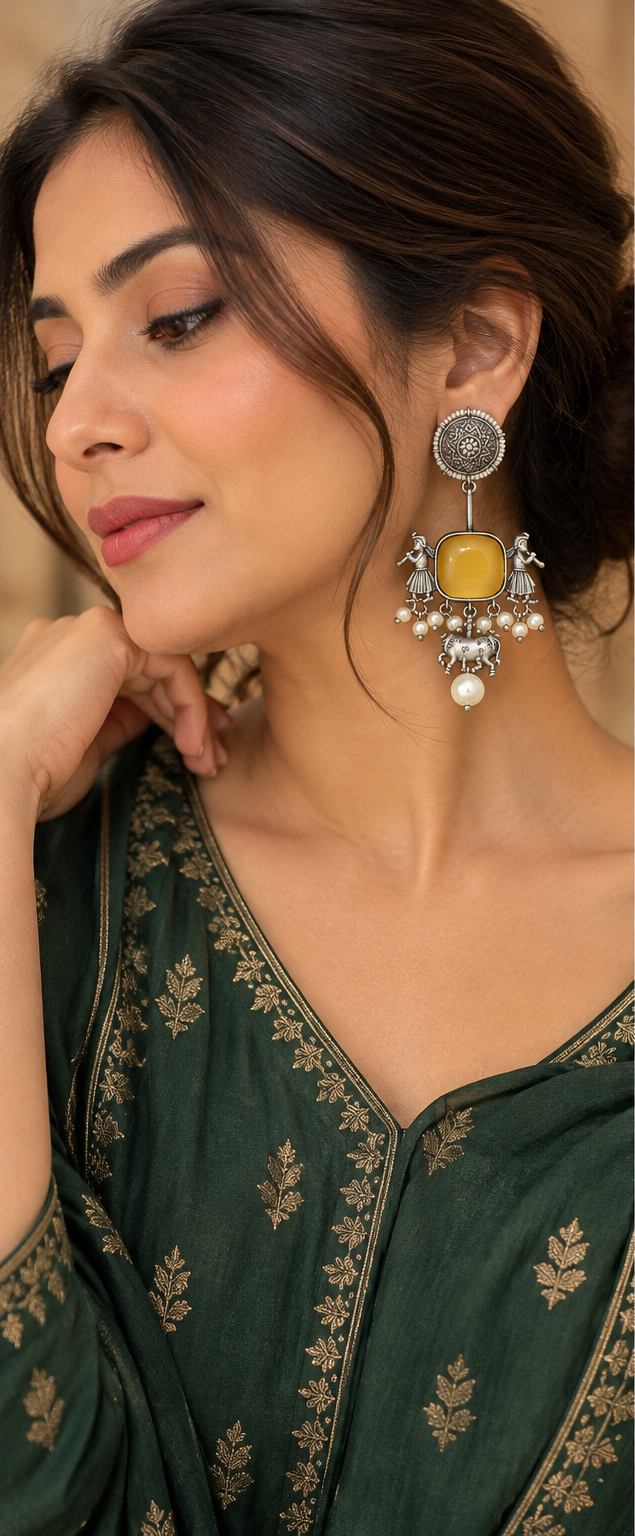 Mustard Stone Oxidised Silver Tribal Earrings with Pearl Drops