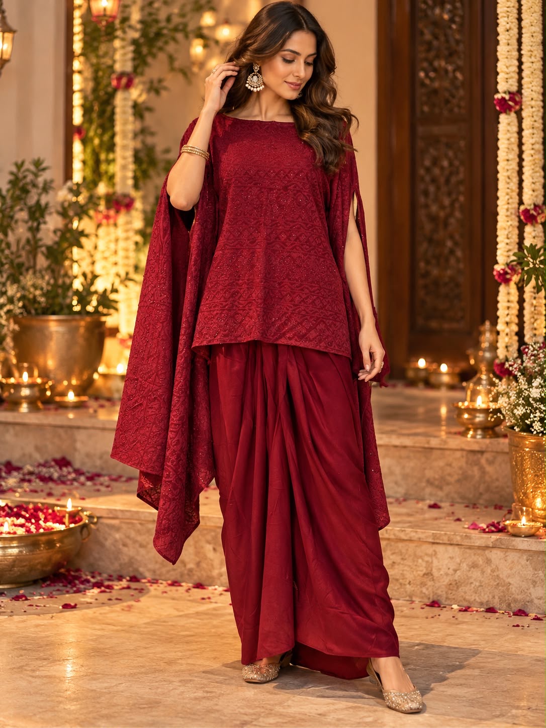 AADYA MAROON EMBROIDERED KAFTAN WITH COWL SKIRT