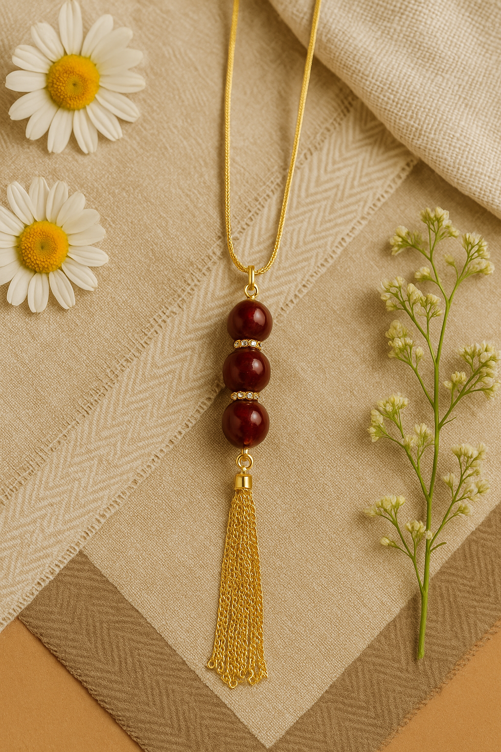 Gold-Tone Tassel Pendant Necklace with Maroon Beads