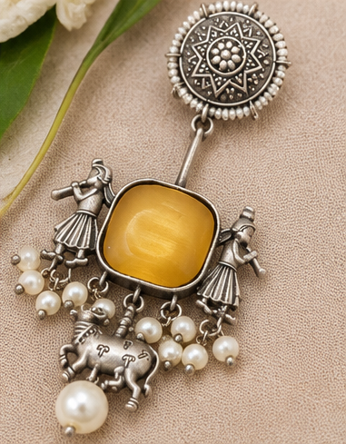 Mustard Stone Oxidised Silver Tribal Earrings with Pearl Drops