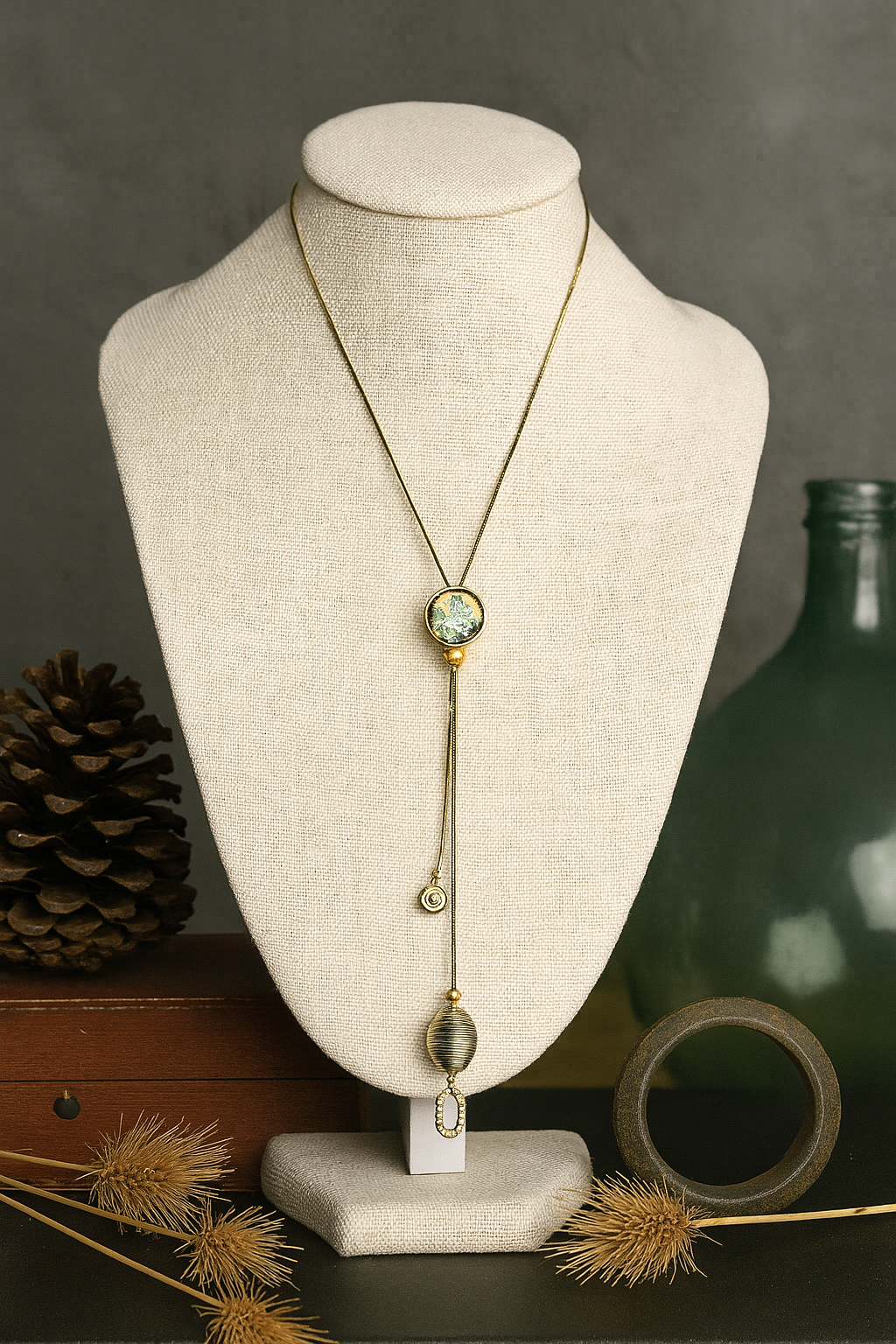 Elegant Gold Lariat Necklace with Crystal & Textured Bead