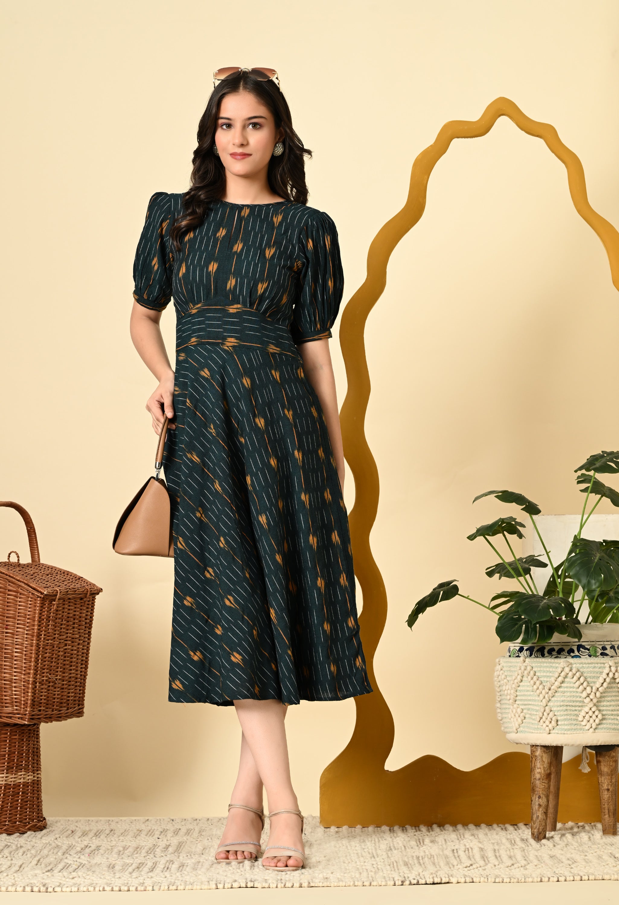 HIGH WAIST BELTED IKAT DRESS