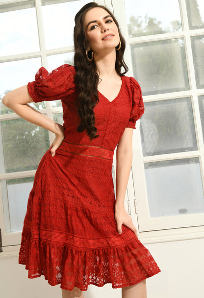 RED PUFF SLEEVE DRESS