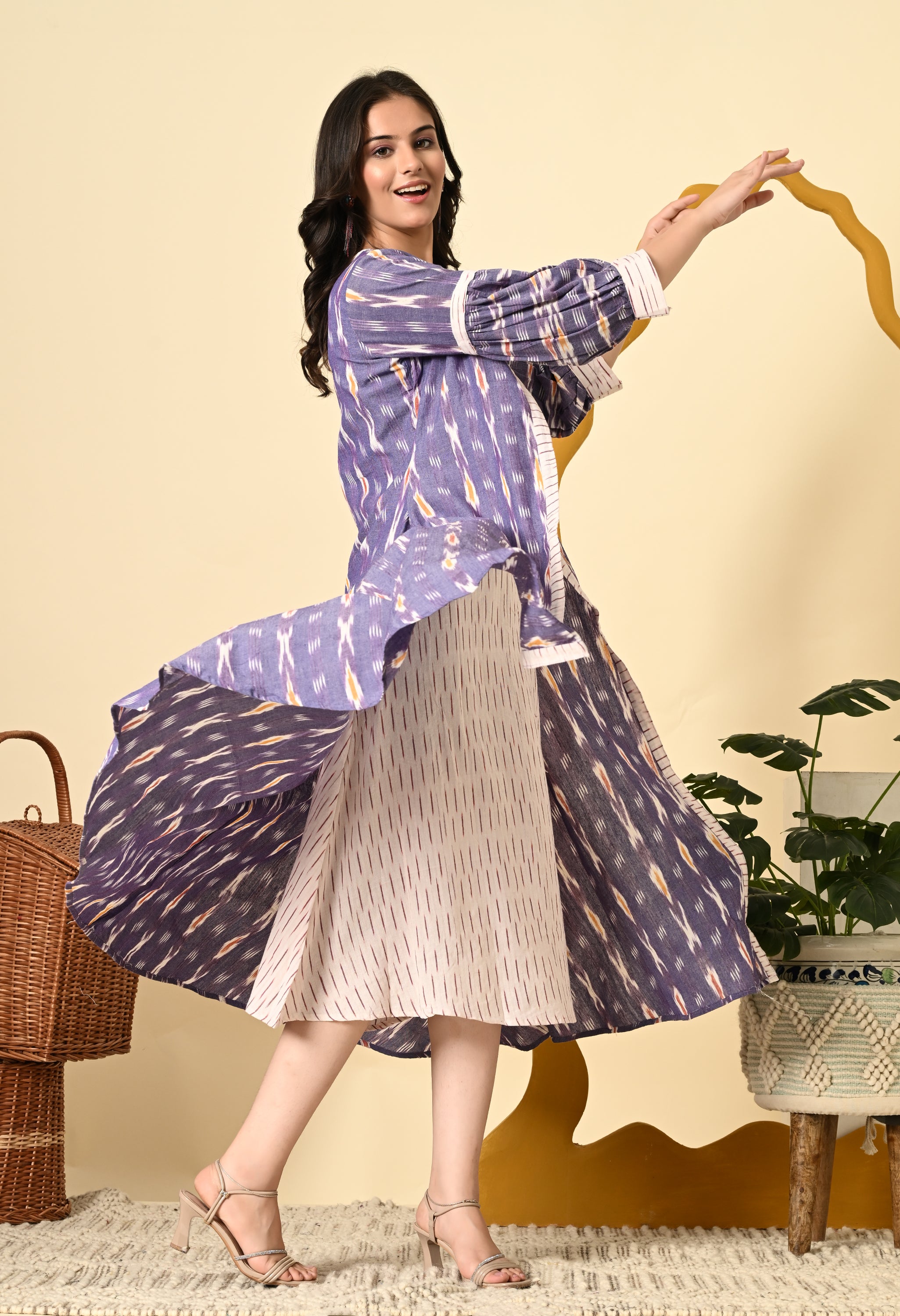 Lavender Ikat Cotton Long Jacket with Puff Sleeves