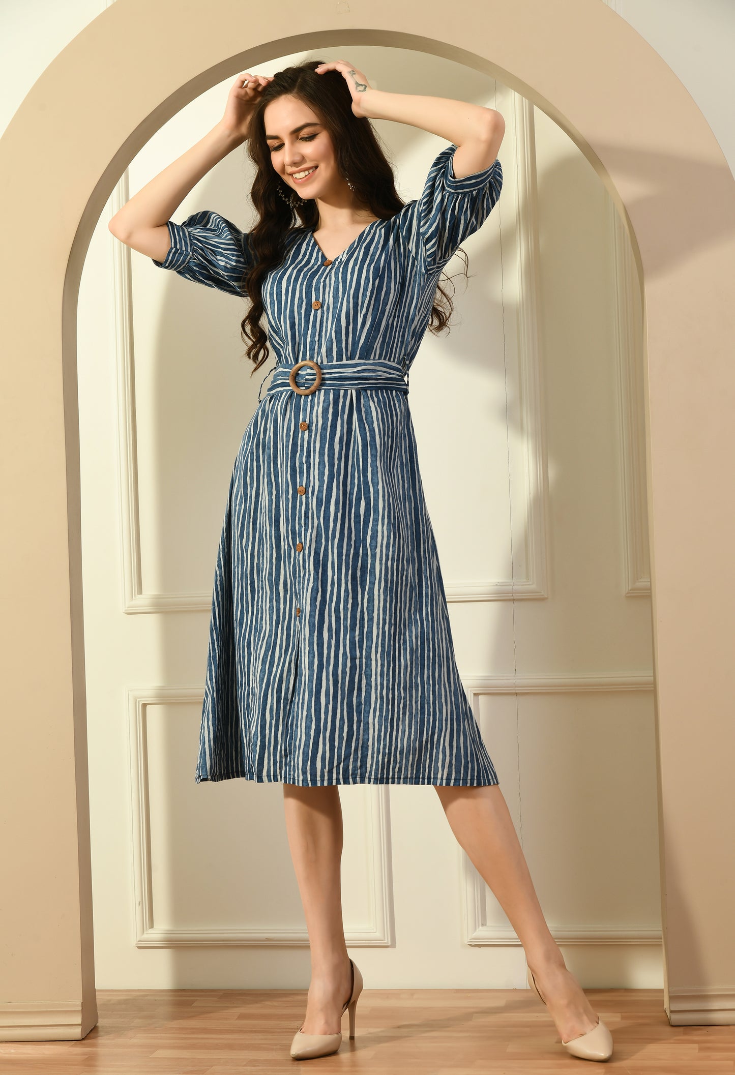 STRIPE PUFF SLEEVES DRESS