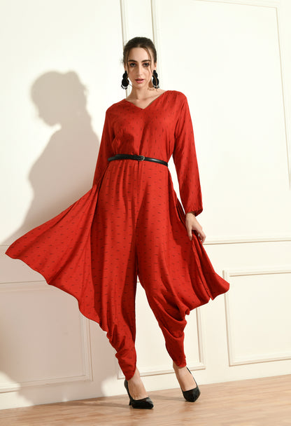 RED SIDE COWL JUMPSUIT