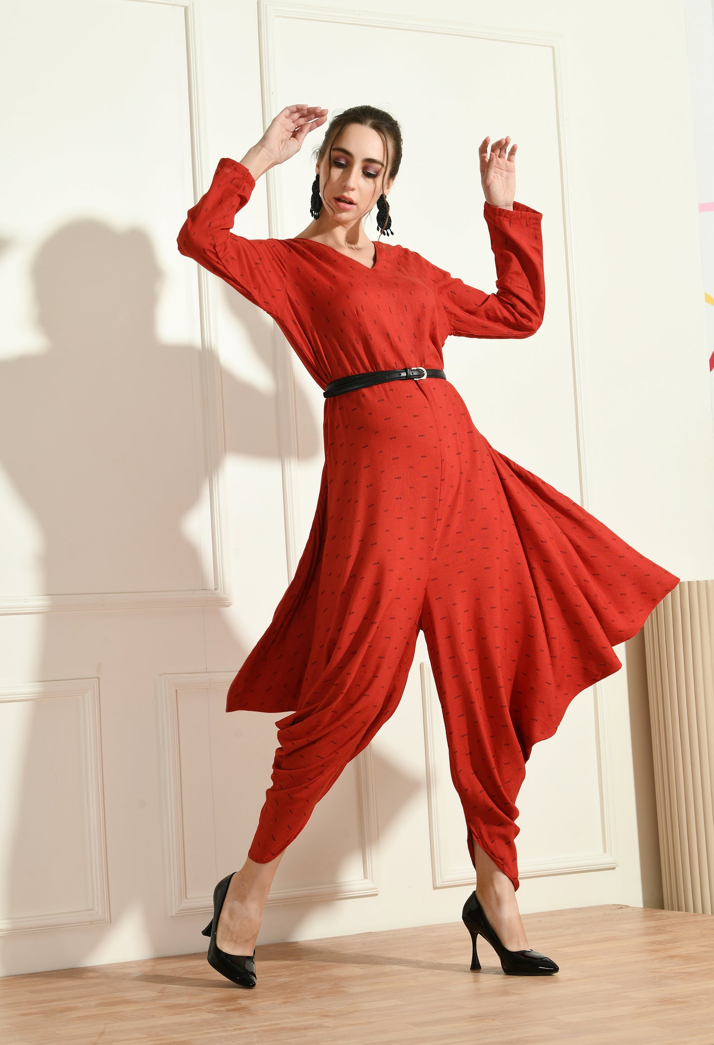 RED SIDE COWL JUMPSUIT